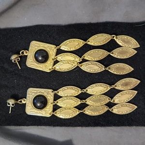 Vintage Dangle earrings, light black stone. Gold tone, approx 4.5 in long!